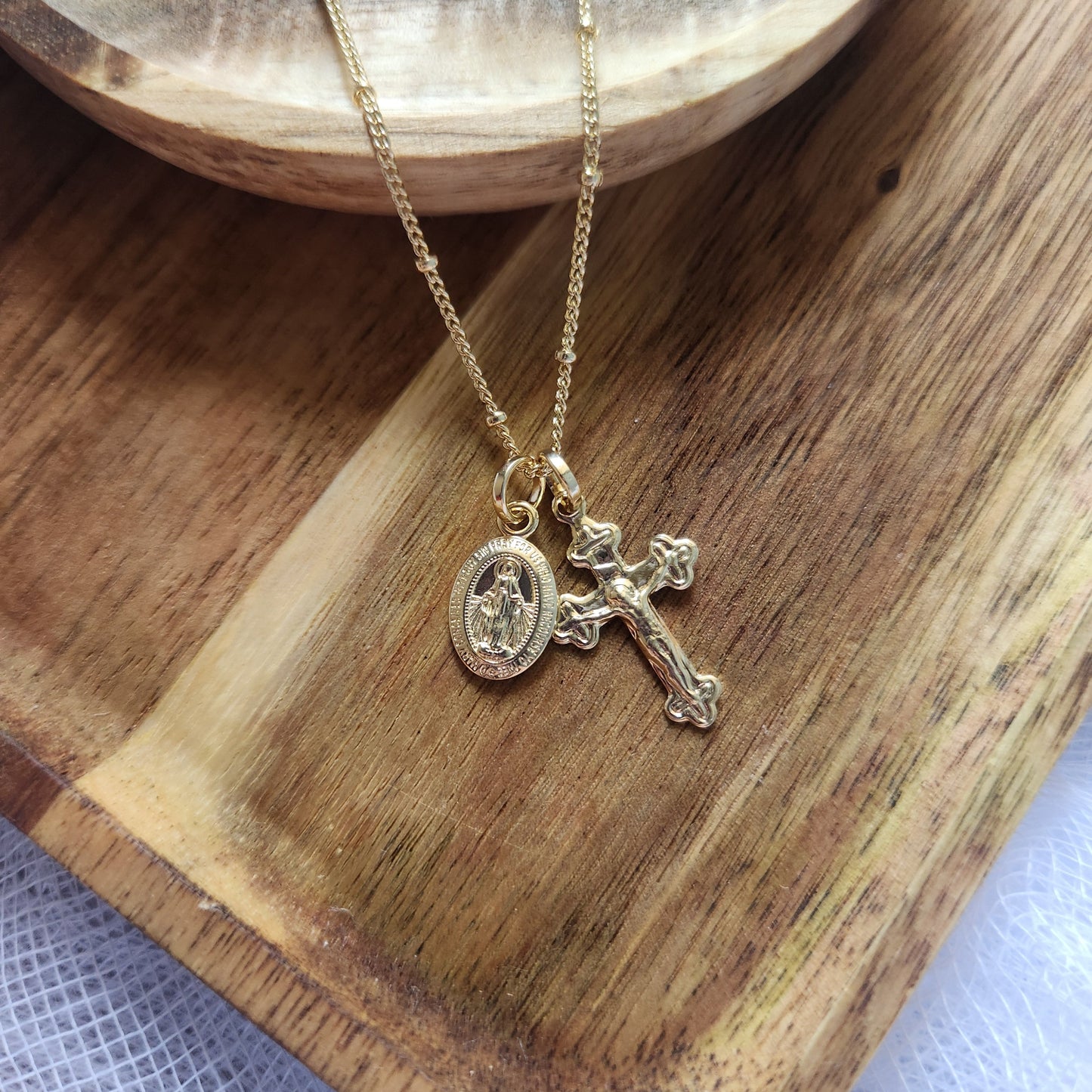 Gold Filled Miraculous Medal & Crucifix Necklace