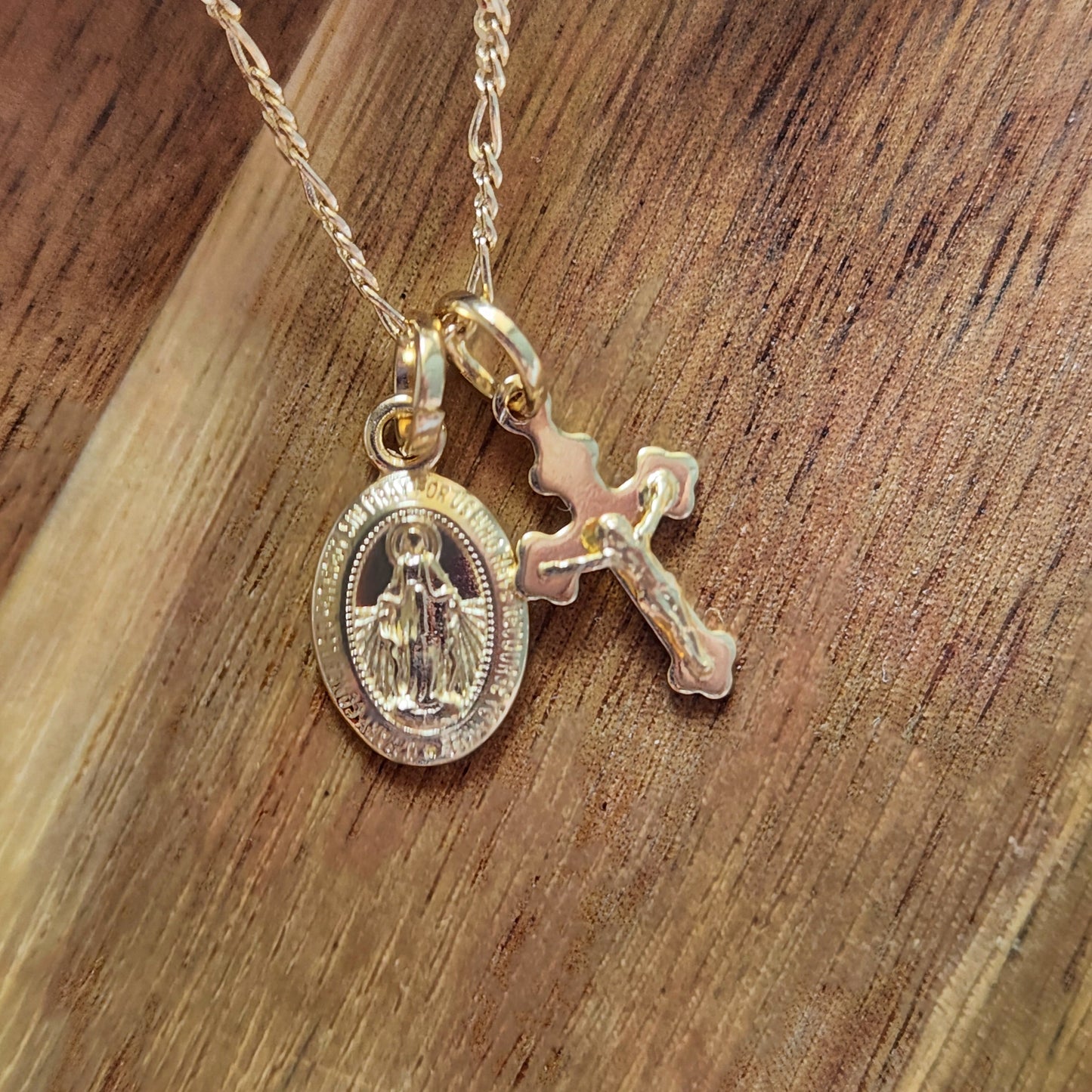 Gold Filled Miraculous Medal & Crucifix Necklace