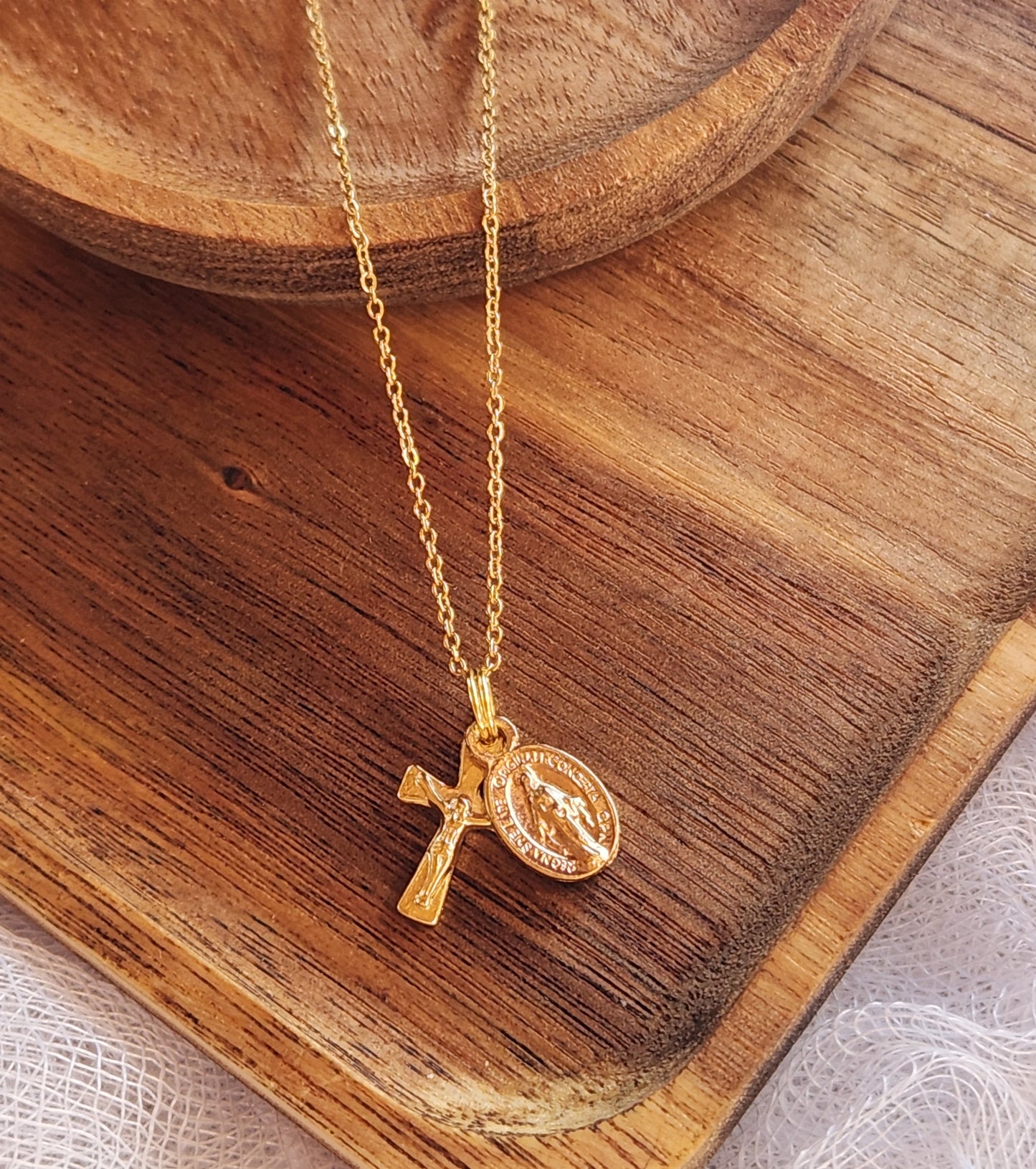 Gold Plated Miraculous Medal & Crucifix Necklace