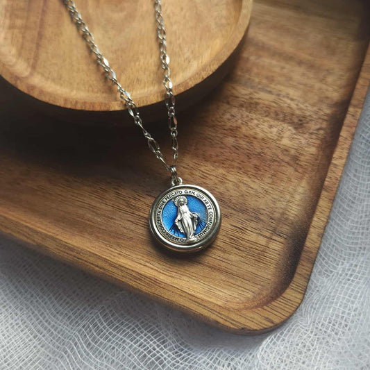 Women's Miraculous Medal Necklace -- Blue