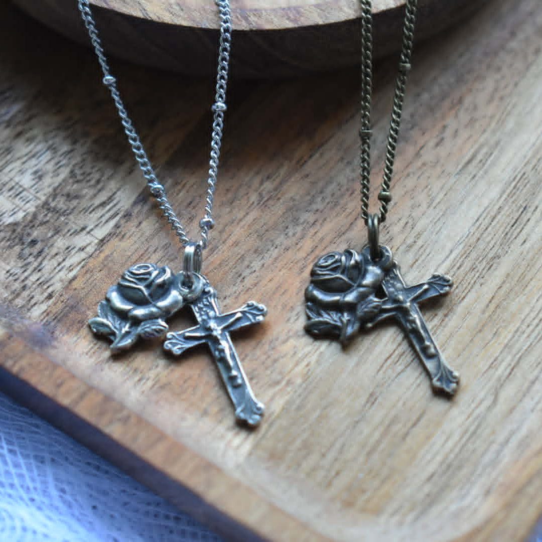Crucifix & Miraculous Medal Rose Necklace