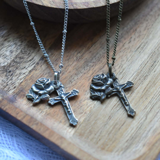 Crucifix & Miraculous Medal Rose Necklace