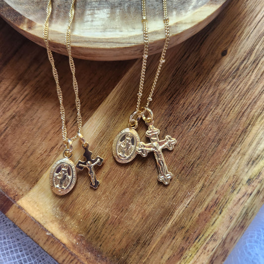 Gold Filled Miraculous Medal & Crucifix Necklace